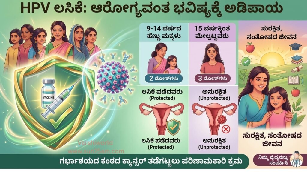HPV ಲಸಿಕೆ ಕುರಿತು ಜಾಗೃತಿ ಚಿತ್ರ: 9–14 ವರ್ಷದ ಹುಡುಗಿಯರಿಗೆ 2 ಡೋಸ್, 15 ವರ್ಷ ಮೇಲ್ಪಟ್ಟವರಿಗೆ 3 ಡೋಸ್ ಲಸಿಕೆ ನೀಡುವುದರಿಂದ ಗರ್ಭಕಂಠದ ಕ್ಯಾನ್ಸರ್ ತಡೆಯಬಹುದು.